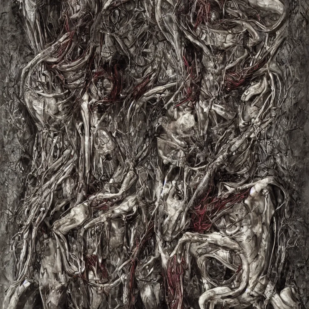 Image similar to realistic shot bloody bones, organs and flesh, biomechanical technology, natural light, by h r giger