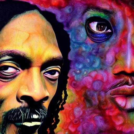 Image similar to colour masterpiece surreal closeup portrait photography snoop dogg by miho hirano and annie leibovitz and michael cheval, psychedelic smoke background, 8 k