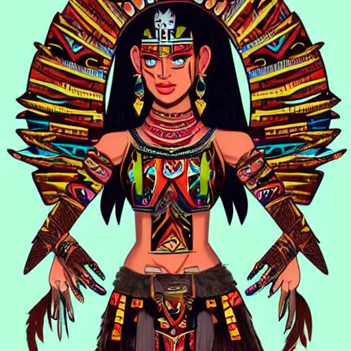 Image similar to character design, aztec warrior goddess with beautiful woman face, crown of very long feathers, full body, glowing aztec tattoos, beautiful, dark fantasy,