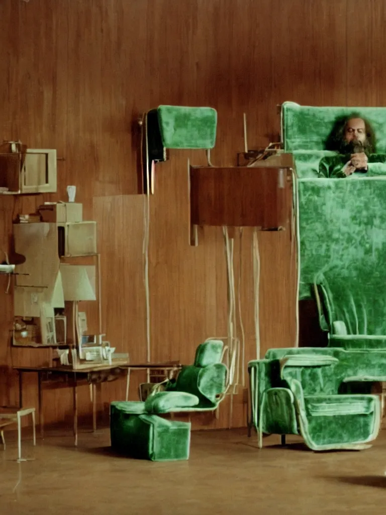 Image similar to a still of severance series indoor 7 0 s green velvet and wood with metal furniture office scenario appearing in a film of jodorowsky, in movie holy mountain ( 1 9 7 3 )