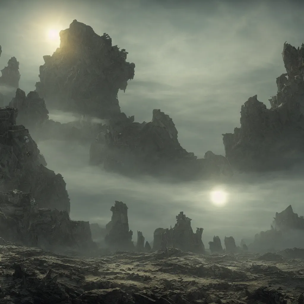 Image similar to An incredibly beautiful but ominous matte painting depicting a landscape with three suns, overgrowing a desolate ruins submerged in fog beneath the setting suns, nvidia, vray, evening, epic scale, octanerender