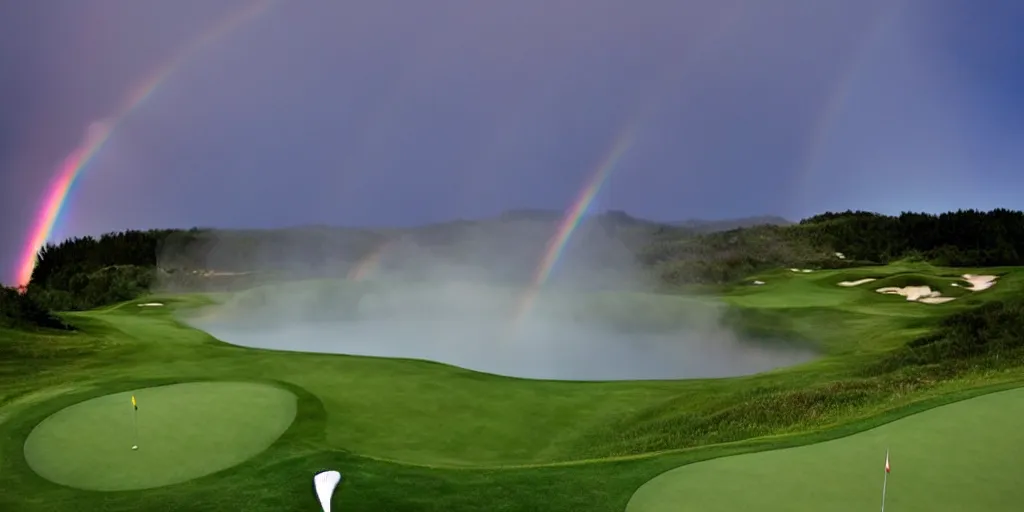 Image similar to a great photograph of the most amazing golf hole in the world, on top of the clouds, lightning storm and a rainbow, sunlight, ambient light, golf digest, top 1 0 0, fog