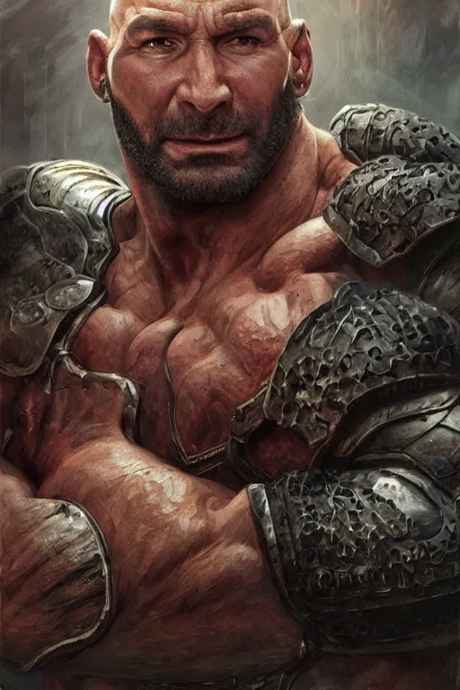 Image similar to ultra realistic illustration,, a hulking herculean dave bautista with leather armour, from doom and warhammer, intricate, elegant, highly detailed, digital painting, artstation, concept art, smooth, sharp focus, illustration, art by artgerm and greg rutkowski and alphonse mucha