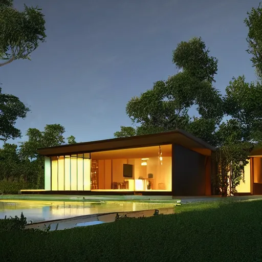 Prompt: contemporary house in the forest, lights inside, foliage, square pool, unreal engine, textures, detailed, realistic