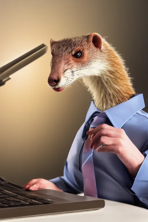 Prompt: anthropomorphic weasel that looks like a human, wearing a shirt, business attire, sitting at a desk with a laptop, realistic, colored studio lighting, professional photography, nikon 5 0 mm f / 1. 8 g, canon