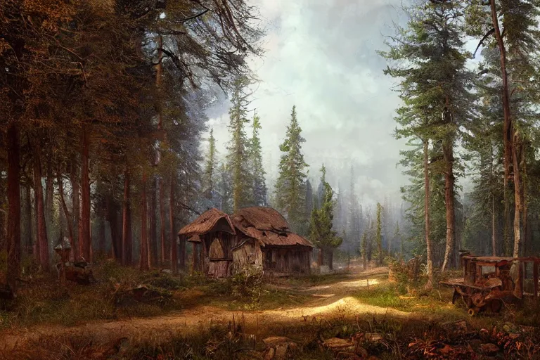 Prompt: A beautiful painting of russian village in dark forest by ivan shishkin and arkhip kuindji, trending on artstation,matte painting