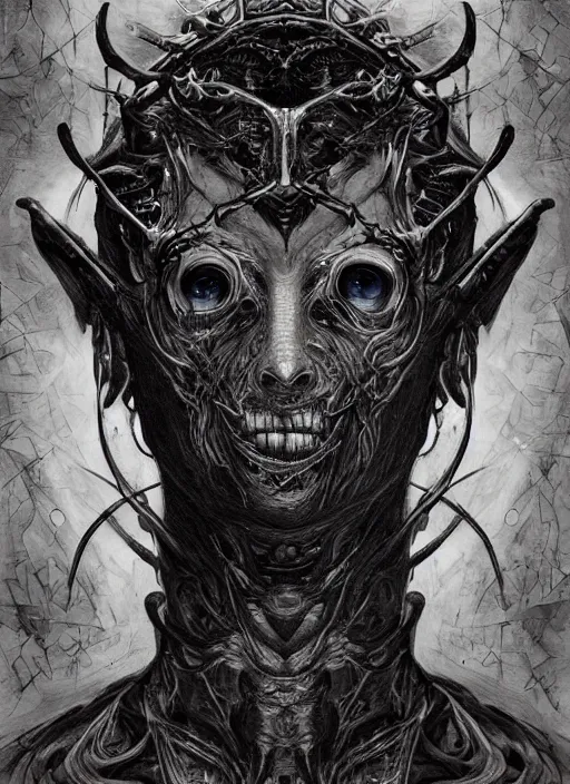 Prompt: a dream portrait of a anthropomorphic beast with three eyes, black & white, melting, webbing, 8 k, by tristan eaton, stanley artgerm, tom bagshaw, greg rutkowski, carne griffiths, ayami kojima, beksinski, giger, trending on deviantart, face enhance, hyper detailed, minimalist, horror, alien