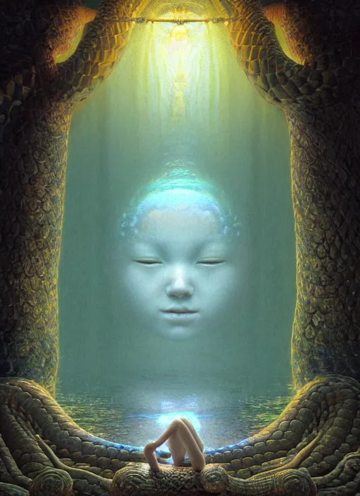 Image similar to hyperreal ultra detailed hypnagogic recollections from the waters of the unconscious. a 3 d psychopomp watching on. an ancient child. prismatic crystal light projections, a doorway threshold, a snake, sharp focus, global illumination, ornate, art by shaun tan, fenghua zhong and daniel merriam and dan mumford octane render