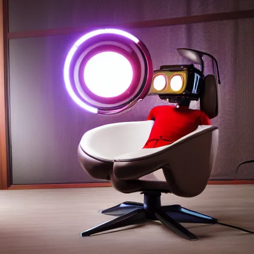 Image similar to futuristic studious matte brown and red and chrome full-body humanoid robot with two huge round expressive sad purple glowing LED eyes and open rectangular mouth sitting on a large comfortable cushioned 1950s vintage recliner reading a newspaper. open newspaper. full shot Cinematic Movie Photograph, Arri Alexa, Extremely Detailed, smooth, very very clean, white cyc, white background, 8K, octane render, maya render, unreal engine, trending on artstation, DSLR, excellent composition, center frame