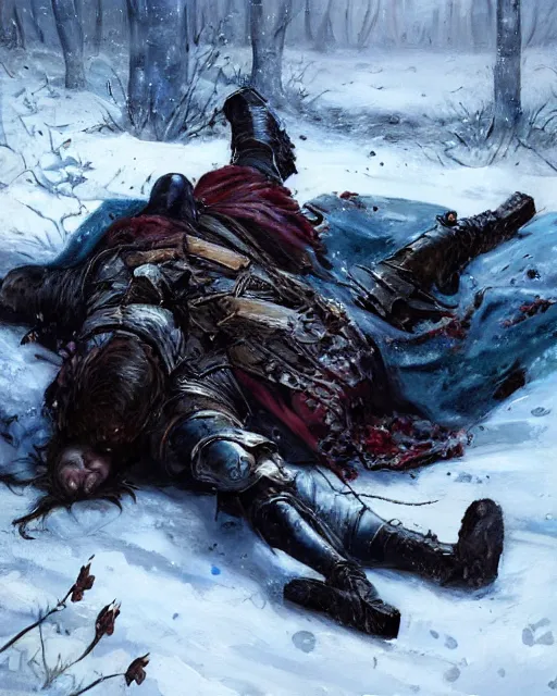 Image similar to Highly realistic oil painting of a wounded knight lying in the snow, surrounded by blue flowers, blood on flowers, by greg rutkowski, highly detailed, cinematic lighting, moody, dark