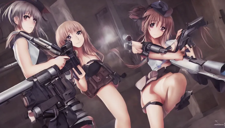Prompt: anime girls in a gun fight, photorealistic, anime, mini skirt, hyper real, detailed, wide angle shot