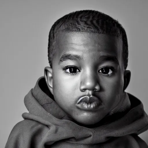 Prompt: the face of young kanye west wearing yeezy clothing at 3. 5 years old, black and white portrait by julia cameron, chiaroscuro lighting, shallow depth of field, 8 0 mm, f 1. 8