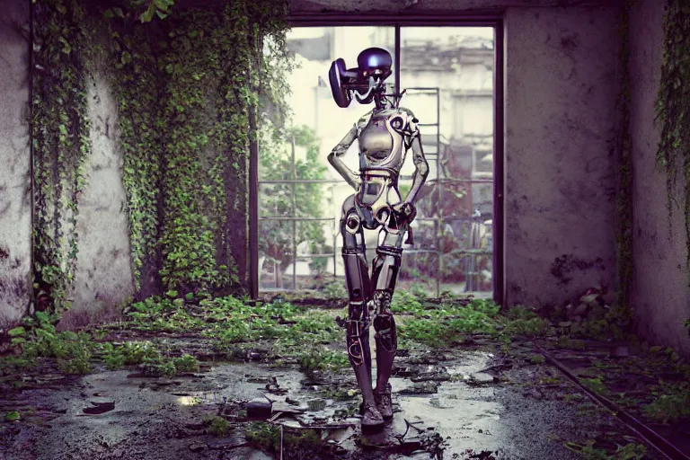 Prompt: Broken cyborg girl with VR helmet on old courtyard with mud and an old playground between two soviet five-storey overgrown with ivy panel houses, high details, cinematic, 8k resolution, beautiful detailed, insanely intricate details, artstation trending, rule of third, octane render, unreal engine