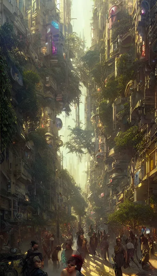 Image similar to hyper realistic cyberpunk city, busy crowded market street overtaken by lush plants, gnarly trees by tom bagshaw, mucha, gaston bussiere, craig mullins, j. c. leyendecker 8 k