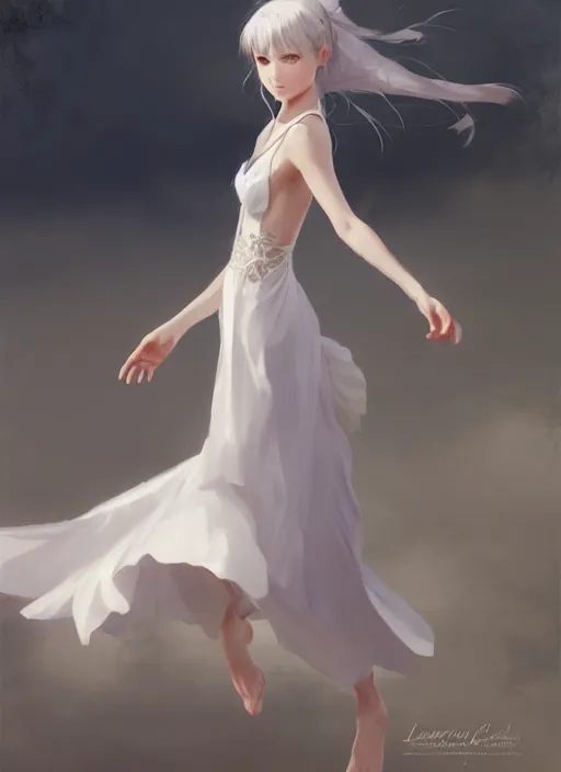 Image similar to a girl with elegant white dress, digital art by krenz cushart, laurie greasly, wlop, artgerm, intricate, ( highly detailed figure ), sharp focus, smooth, epic composition, joyful, unreal engine