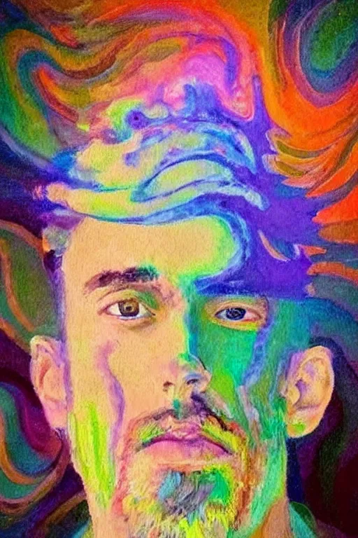 Prompt: ultra realistic impressionist painting of a man with swirls of color emanating from his head