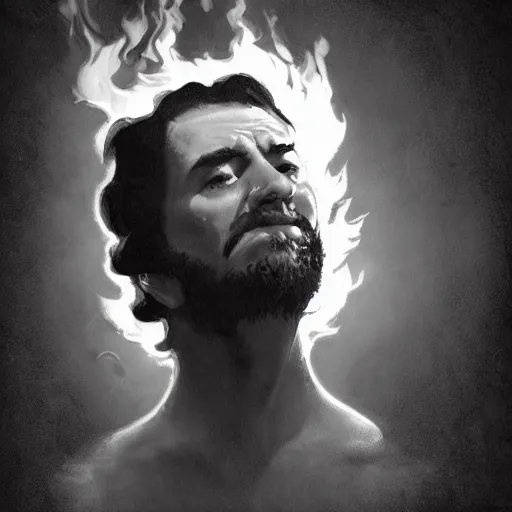 Image similar to a vintage photograph of a man with their head on fire. in the style of frank cho and casey baugh