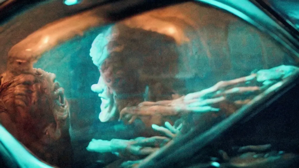 Image similar to the creature sits in a car, made of glowing wax, they look me in the eye, film still from the movie directed by Denis Villeneuve and David Cronenberg with art direction by Salvador Dalí, wide lens