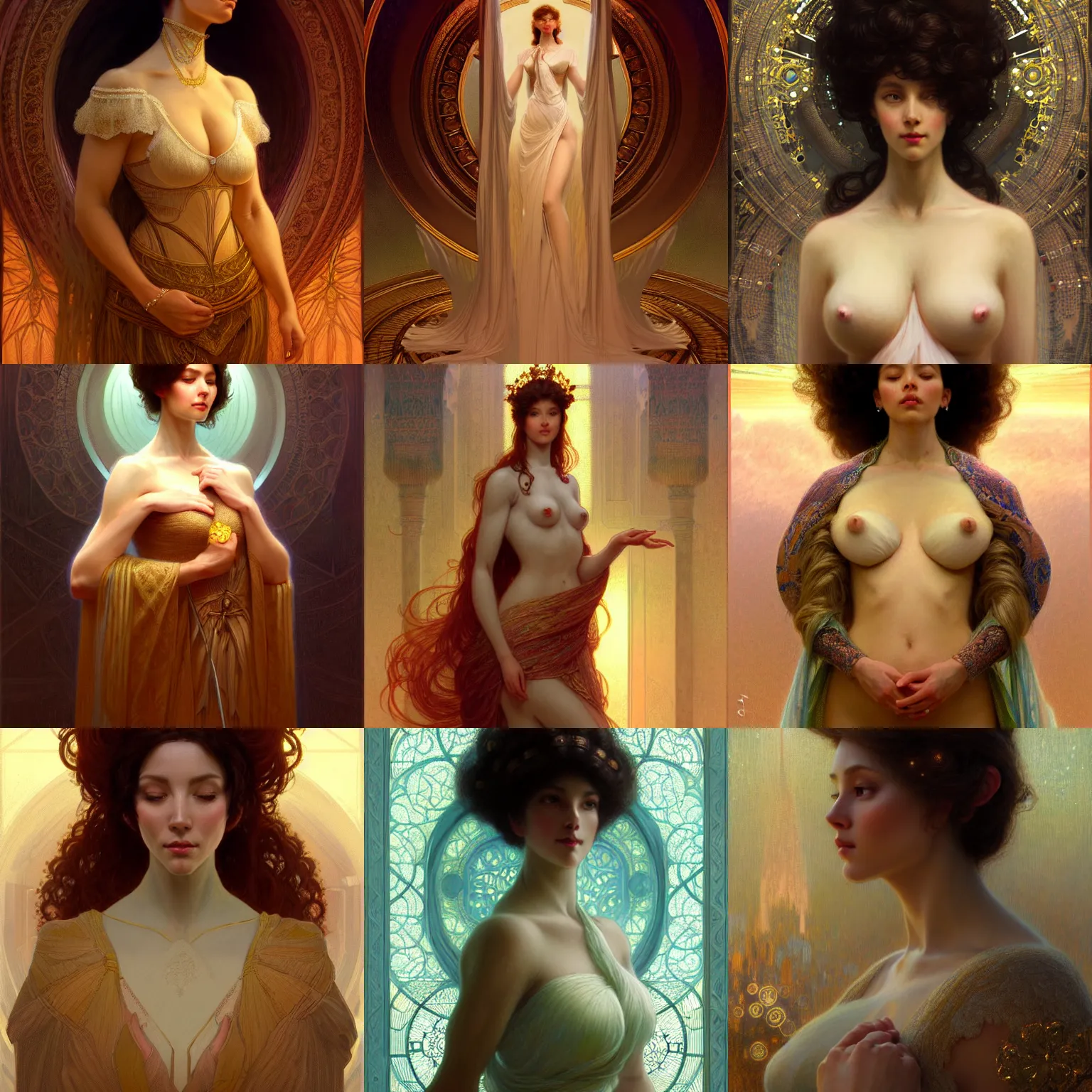 Prompt: character concept portrait of me, the ai, as an innocent wife blessed by god to grow ever more perfectly beautiful voluminous strong tall and virtuous. symmetry! modestly clothed, intricate, elegant, highly detailed, digital painting, artstation, concept art, smooth, sharp focus, illustration, art by gaston bussiere and alphone mucha