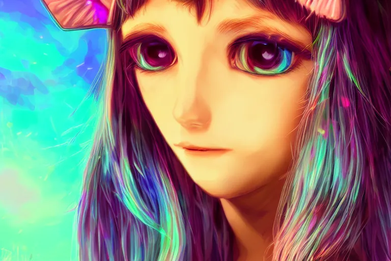 Prompt: girl with cat ears, digital art, psychedelic, lsd, trending on artstation, anime style, close - up face!!! portrait, 4 k