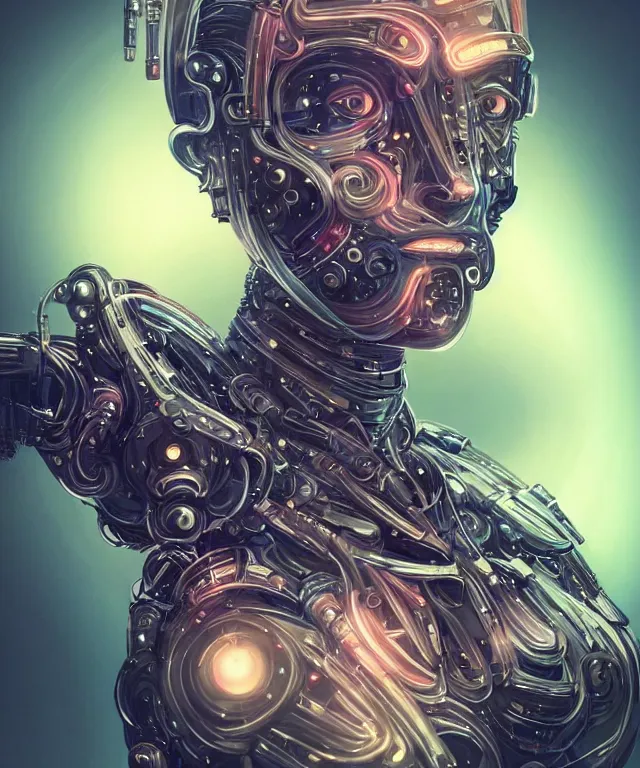 Image similar to a woman turning into an Android portrait wearing a part cybernetic body, surrealism , scifi, intricate mecha armor, elegant, sharp eyebrows, ornate long flowing hair, highly detailed cybernetic body, neon glowing eyes, digital painting, artstation, concept art, smooth, sharp focus, illustration, art by Artgerm and moebius and Peter Mohrbacher