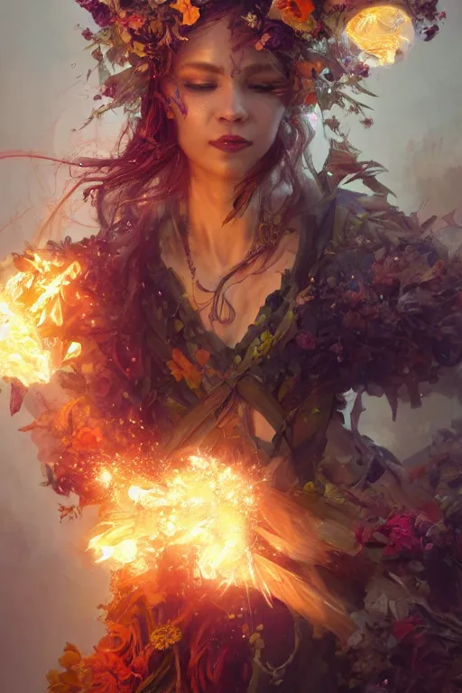 Image similar to beautiful girl druid, witch - doctor exploding into flowers, angels, 3 d render, hyper - realistic detailed portrait, holding fire and electricity, ruan jia, wlop. scifi, fantasy, magic the gathering, hyper detailed, octane render, concept art, peter mohrbacher