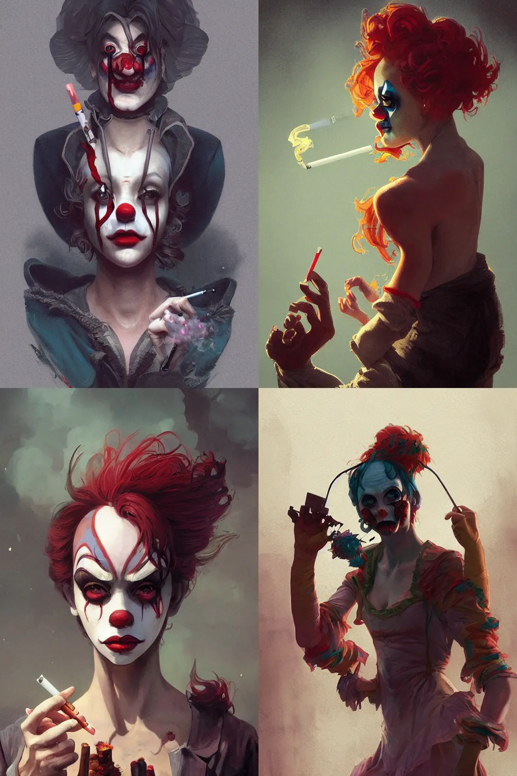 Image similar to creepy clown girl pondering nuclear destruction smoking a cigarette, highly detailed, digital painting, artstation, concept art, smooth, sharp focus, illustration, art by artgerm and greg rutkowski and alphonse mucha and loish and WLOP