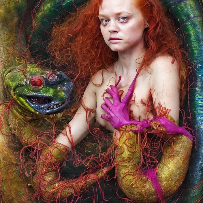 Prompt: a portrait photograph of sadie sink as a brightly colored amphibian hybrid with wet mutated skin. wearing a catsuit many body modifications. by tom bagshaw, donato giancola, hans holbein, walton ford, gaston bussiere, brian froud, peter mohrbacher and magali villeneuve. 8 k, cgsociety