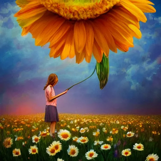 Image similar to giant daisy flower head, girl standing in a flower field, surreal photography, sunrise dramatic light, impressionist painting, colorful clouds, digital painting, artstation, simon stalenhag, flower face