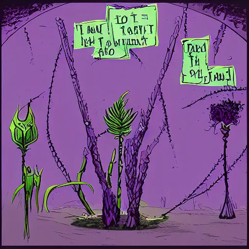 Prompt: magic purple corruption taint eldritch plants spreads across post - apocalyptic city