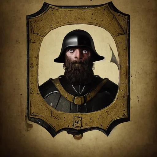 Prompt: Closeup of frustrated and acerbic male medieval sergeant with a {short} beard wearing a {black!!!! and yellow tabard} over a steel breastplate and a black gambeson looking up from a map on a table, intricate, dramatic lighting illustration by Greg Rutkowski, {perfect face}, {perfect eyes}, fantasy