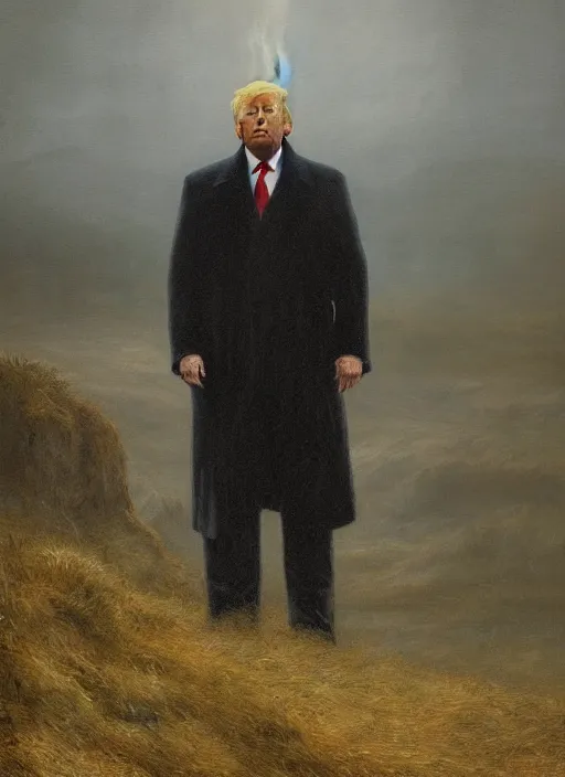 Image similar to portrait of donald trump in anguish a desolate misty landscape, closeup, painted by caspar david friedrich and greg rutkowski