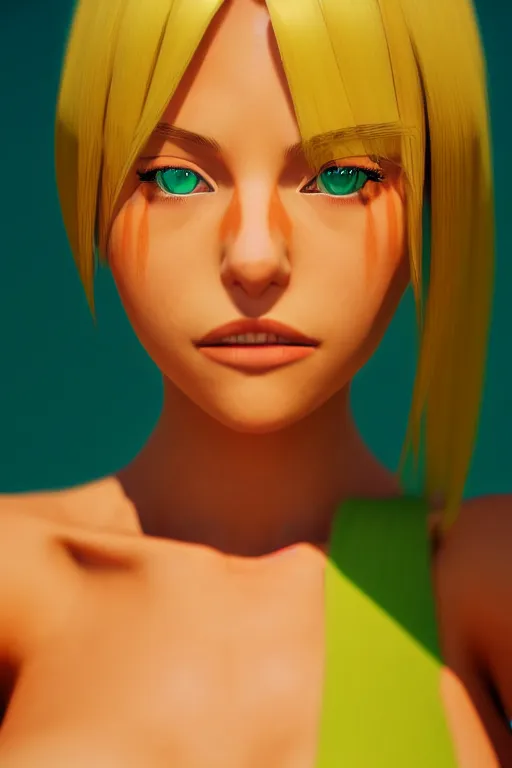 Image similar to beautiful blond woman in orange tribal bikini, blond hair pulled back off the face, green eyes, by makoto shinkai, 8 k, high resolution render, cinematic, unreal engine, clean lineart and flat color,