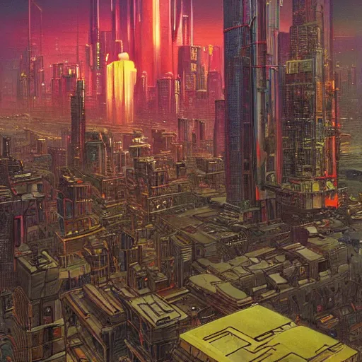 Prompt: a beautiful painting of a neo Arcadia styled cyberpunk city towering above a dystopian metropolis by moebius, trending on artstation