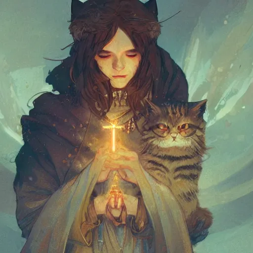 Image similar to A beautiful glowing holy cat, D&D, fantasy, intricate, cinematic lighting, highly detailed, digital painting, artstation, concept art, smooth, sharp focus, illustration, art by Akihiko Yoshida, Greg Rutkowski and Alphonse Mucha