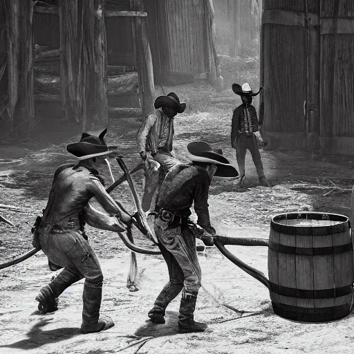 Prompt: hunt showdown cowboys taking cover behind a barrel, a giant spider is on the other side looking for the cowboy, low angle shot with a cinematic view of everyone