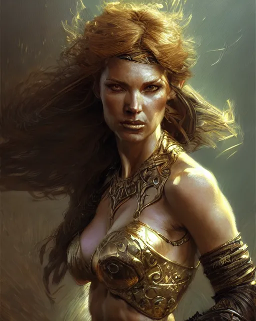 Image similar to fierce woman, fantasy character portrait, ultra realistic, concept art, intricate details, highly detailed, wide angle, by andrew robinson, gaston bussiere, craig mullins, simon bisley