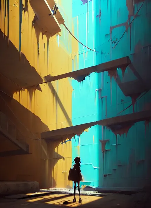 Image similar to matte painting extreme offset 3 d calligraphy graffiti mural dripping paint wall extreme maximalism by atey ghailan, by greg rutkowski, by greg tocchini, by james gilliard, by joe fenton, yellow, brown, black and cyan color scheme, octane render