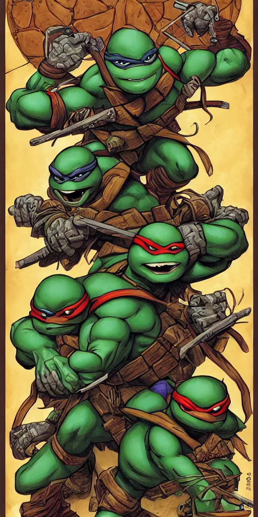 Image similar to Teenage mutant ninja turtle comic book cover illustration by brom