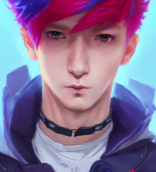 Image similar to character concept art of a cute young cyberpunk boy with colorful hair and collar | | cute - fine - face, pretty face, key visual, realistic shaded perfect face, fine details by stanley artgerm lau, wlop, rossdraws, james jean, andrei riabovitchev, marc simonetti, and sakimichan, trending on artstation