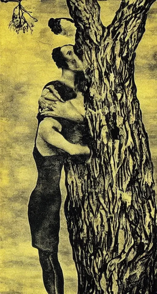 Image similar to Marie Curie hugging a tree by Salvador Dalí