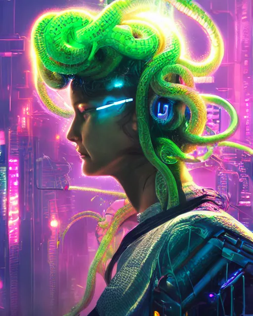 Image similar to a cyberpunk close up portrait of cyborg medusa, electricity, rainbow, snakes in hair, sparks, bokeh, soft focus, skin tones, warm, daylight, geometric, by unreal engine, paul lehr, jesper ejsing