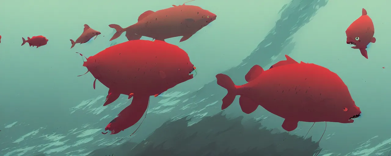 Image similar to piranhas swarming, blood in the water, atey ghailan, goro fujita, studio ghibli, rim light, terrifying, red tint, dark lighting, clear focus, very coherent