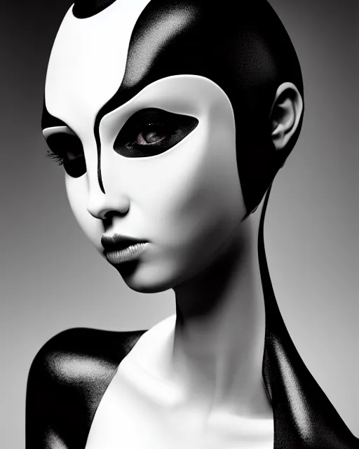 Image similar to surreal mythical dreamy dark artistic black and white fine art 3 / 4 fashion portrait photo of a young beautiful delicate female robot with orchid - owl face, rim light, cinematic, studio dramatic light, poetic, masterpiece, octane render, 8 k, photo - realistic by hg giger and man ray