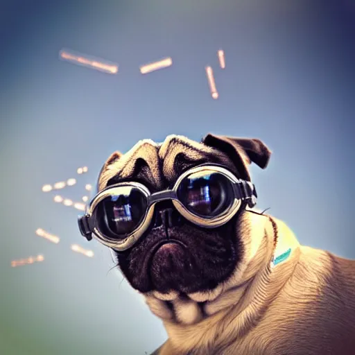 Prompt: “A high quality action photo of a pug with old school brown pilot goggles flying like superman towards the camera, high above NYC, motion blur, high detail, zoomed in, fish eye lense”