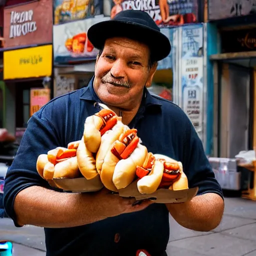 Image similar to closeup portrait of a man selling hotdogs in a smoky new york back street , by Annie Leibovitz and Steve McCurry, natural light, detailed face, CANON Eos C300, ƒ1.8, 35mm, 8K, medium-format print