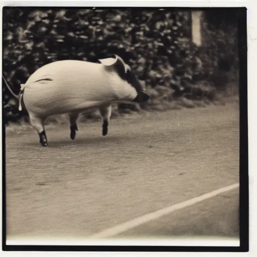 Image similar to a pig running a maraton, polaroid photograph