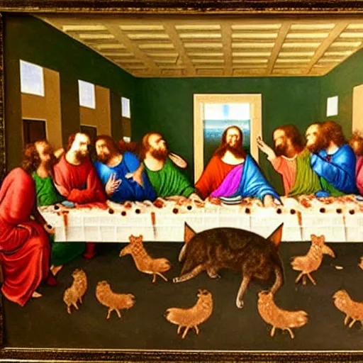 Prompt: The last supper painting but the people are replaced with foxes who wear santa hats and they are eating cheese, oil on canvas, renaissance, hyperdetailed