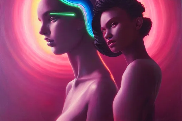 Image similar to patron saint of 🛸🌈👩🏾, futuristic clothing, neon god of city character portrait, in the style of moebius, tom bagshaw, and waterhouse, cinematic lighting, beautiful, elegant, oil painting,