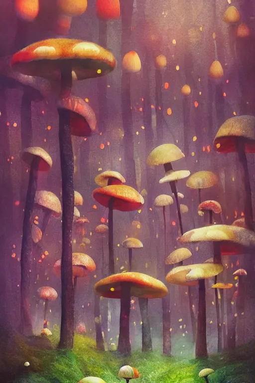 Prompt: a matte digital painting of a mushroom forest at night, tiny bokeh, bright colours, watercolor, volumetric wool felting, macro photography, children illustration, by goro fujita